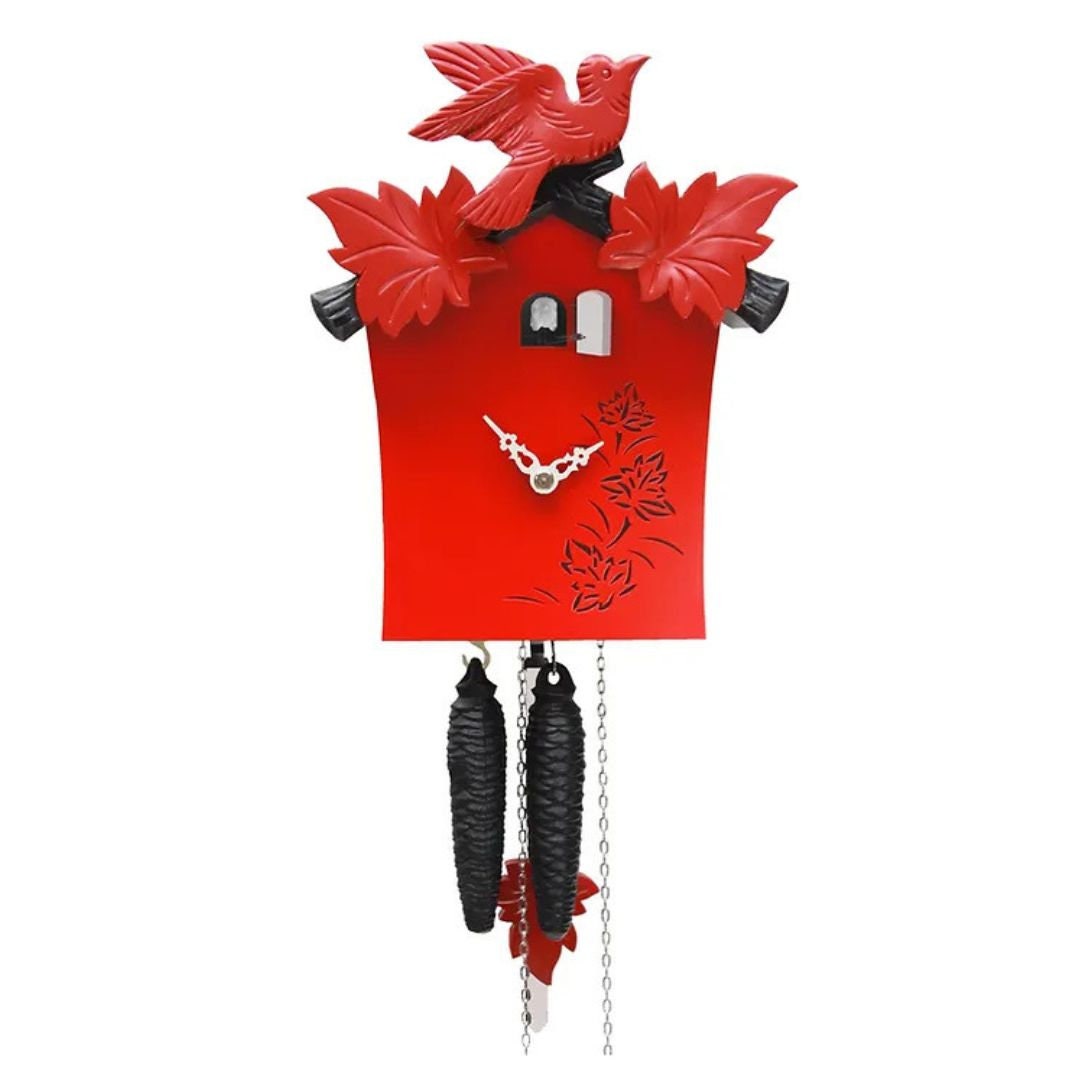 Exquisite Modern Red Cuckoo Clock with Handcarved Bird, Handmade Solid Wood Cuckoo Clock with bird, Authentic Black Forest Cuckoo Clock