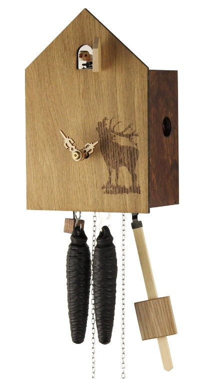 Modern Light Wood Cuckoo Clock with a deer, Handmade Artsy Light Wood Cuckoo Clock with a deer, Black Forest Cuckoo Clock with a deer motif