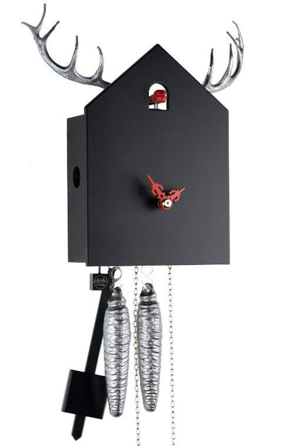 Black Forest Cuckoo Clock with Deer Andlers, Handmade Solid Wood Black Cuckoo Clock with silver deer andlers, Cuckoo Clock with Red cuckoo