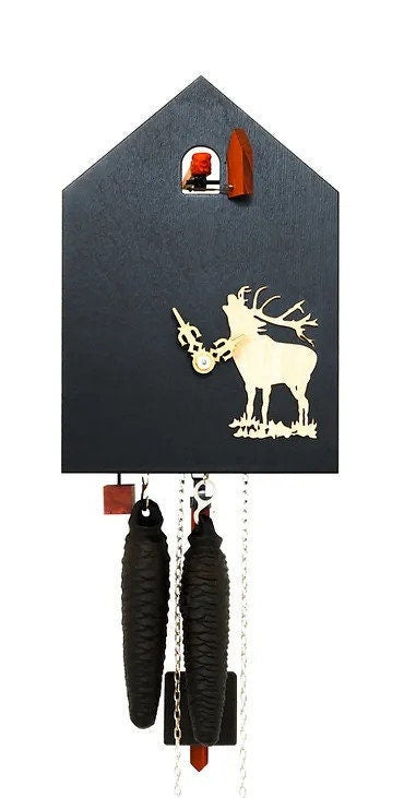 Modern Black Cuckoo Clock with a deer, Handmade Artsy Black Cuckoo Clock with a deer, Black Forest Cuckoo Clock with a deer motif