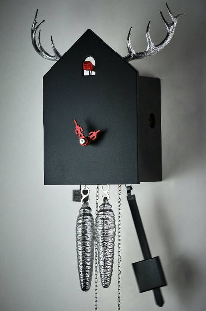 Black Forest Cuckoo Clock with Deer Andlers, Handmade Solid Wood Black Cuckoo Clock with silver deer andlers, Cuckoo Clock with Red cuckoo