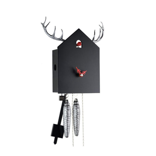 Black Forest Cuckoo Clock with Deer Andlers, Handmade Solid Wood Black Cuckoo Clock with silver deer andlers, Cuckoo Clock with Red cuckoo