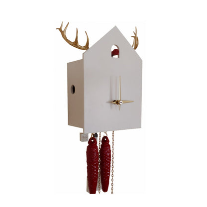 White Black Forest Cuckoo Clock with Gold Deer Andlers, Handmade Solid Wood Cuckoo Clock with deer andlers, Cuckoo Clock with Red cuckoo