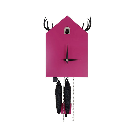 Modern Pink Cuckoo Clock with antlers, Handmade Artsy Pink Cuckoo Clock with antleers, Black Forest Cuckoo Clock with antlers