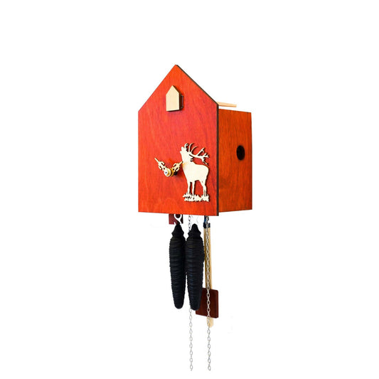 Modern Red Cuckoo Clock with deer motif, Handmade Artsy Red Cuckoo Clock with a deer motif, Black Forest Cuckoo Clock with deer