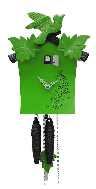 Exquisite Modern Green Cuckoo Clock with Handcarved Bird, Handmade Solid Wood Cuckoo Clock with bird, Authentic Black Forest Cuckoo Clock