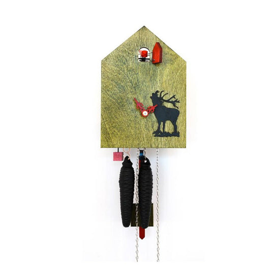 Modern Green Cuckoo Clock with deer motif, Handmade Artsy Green Cuckoo Clock with deer motif, Black Forest Cuckoo Clock with a deer motif