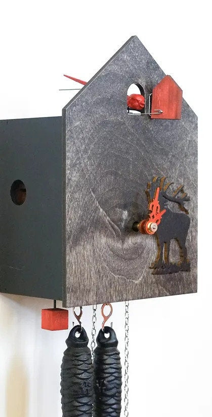 Modern Grey Cuckoo Clock with deer motif, Handmade Artsy Grey Cuckoo Clock with a deer motif, Black Forest Cuckoo Clock with deer