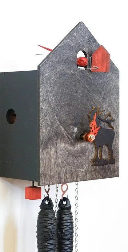 Modern Grey Cuckoo Clock with deer motif, Handmade Artsy Grey Cuckoo Clock with a deer motif, Black Forest Cuckoo Clock with deer