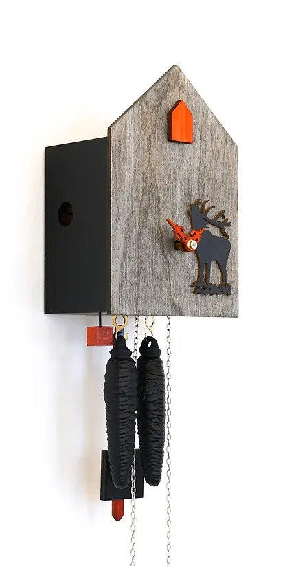 Modern Grey Cuckoo Clock with deer motif, Handmade Artsy Grey Cuckoo Clock with a deer motif, Black Forest Cuckoo Clock with deer