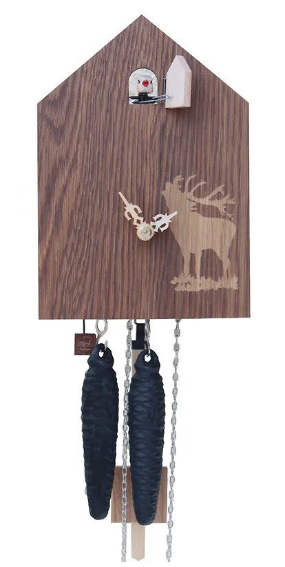 Modern Dark Wood Cuckoo Clock with a deer, Handmade Artsy Dark Wood Cuckoo Clock with a deer, Black Forest Rustic Cuckoo Clock