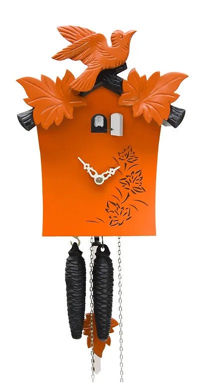 Exquisite Modern Orange Cuckoo Clock with Handcarved Bird, Handmade Solid Wood Cuckoo Clock with bird, Authentic Black Forest Cuckoo Clock