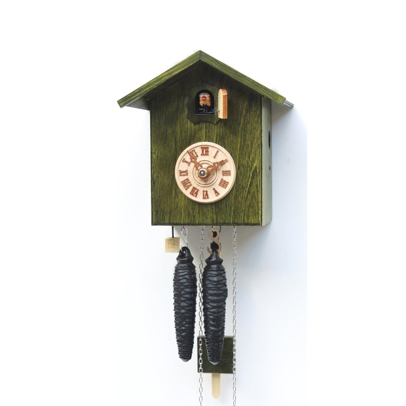 Rustic Green Black Forest Cuckoo Clock, Handmade Cuckoo Clock with clock hands, German Cuckoo Clock, Rustic Cuckoo Clock